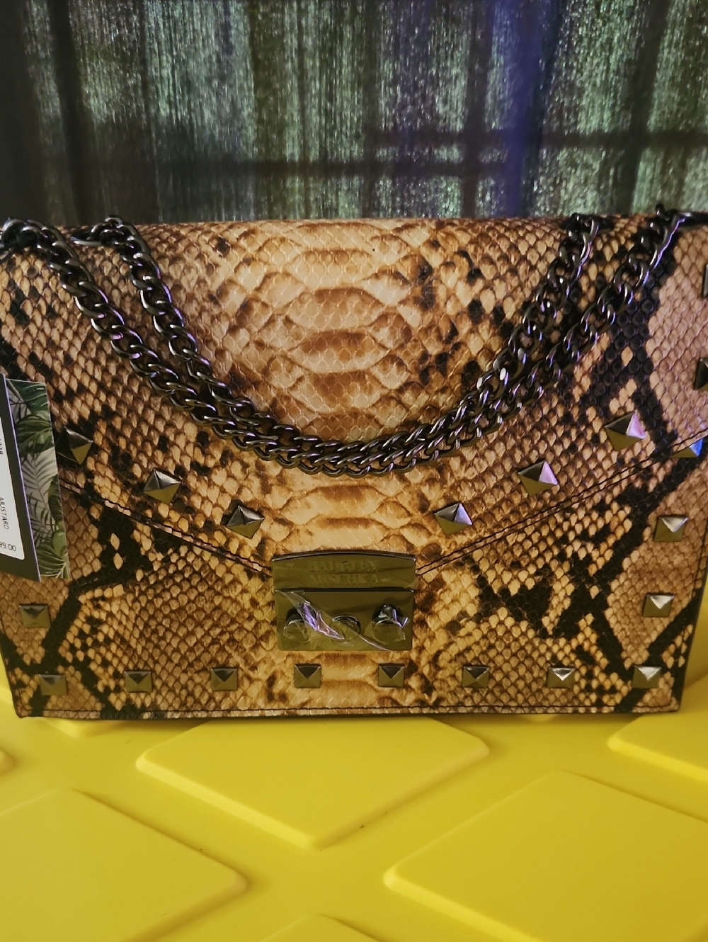 Badgley Mischka Snake-Embossed Studded Shoulder Bag in Brown and Black